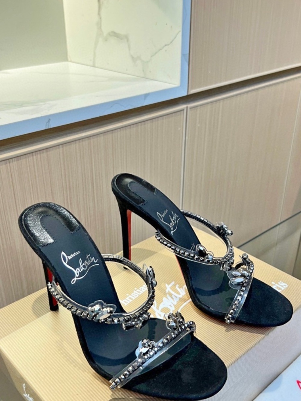 Christain Louboutin black velvet strappy high heels